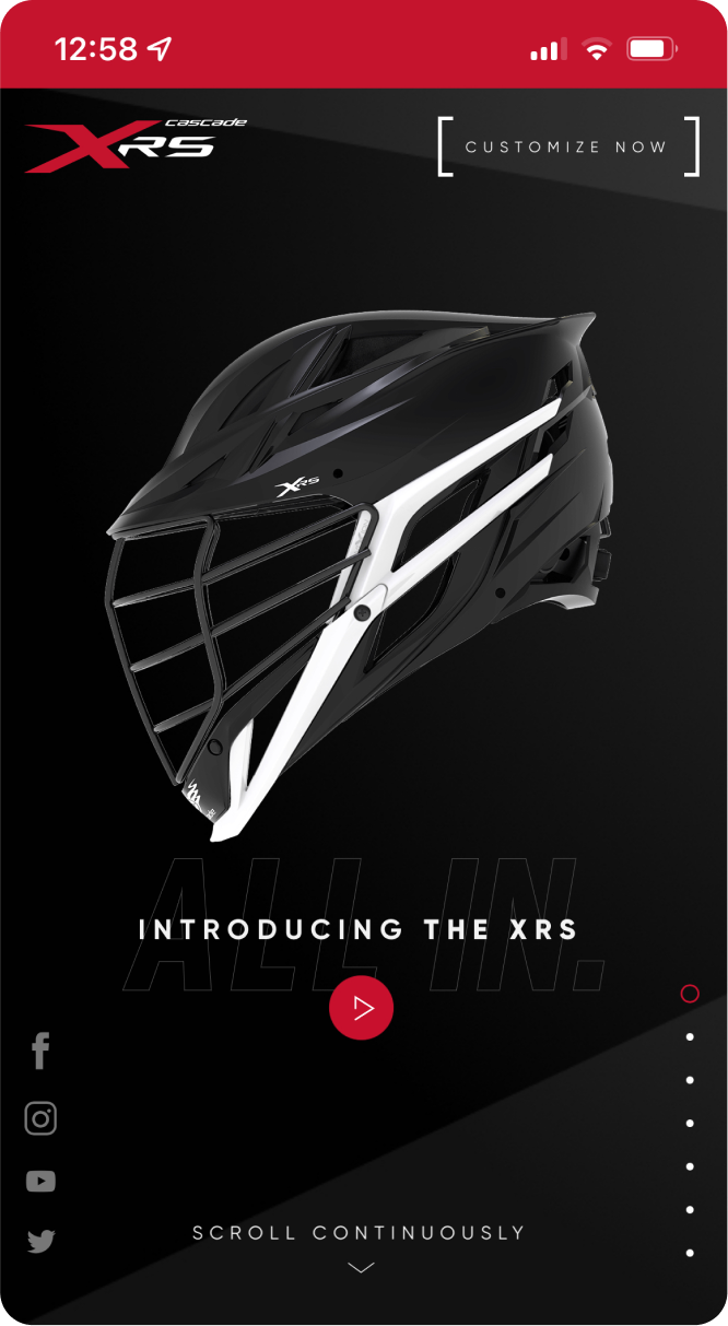 Cascade XRS mobile app prominently featuring a 3D rendering of a helmet