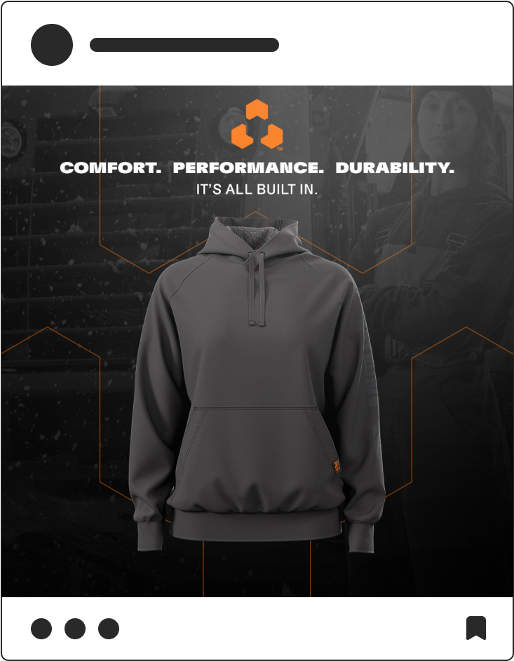 "Comfort. Performance. Durability." Timberland Pro social media posting with sweatshirt on gray