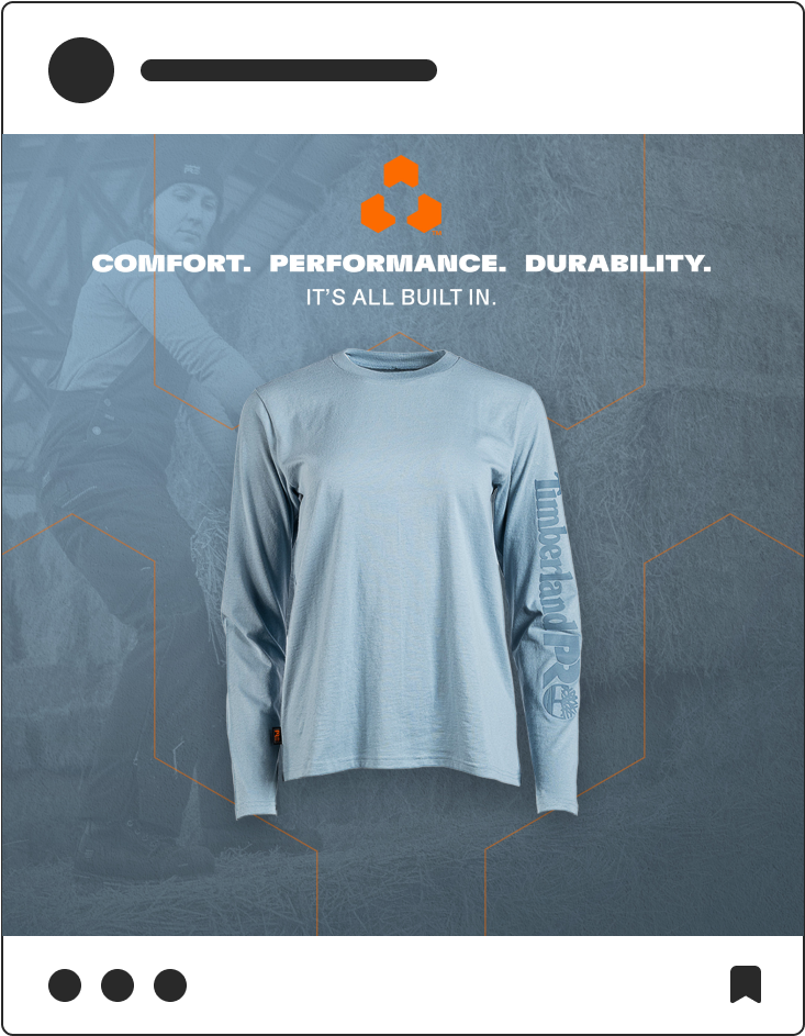 "Comfort. Performance. Durability" Timberland Pro social media post with long sleeve shirt on light blue