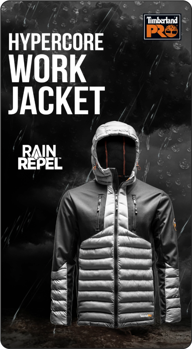 Timberland Pro social media post "Hypercore Work Jacket" Rain Repel
