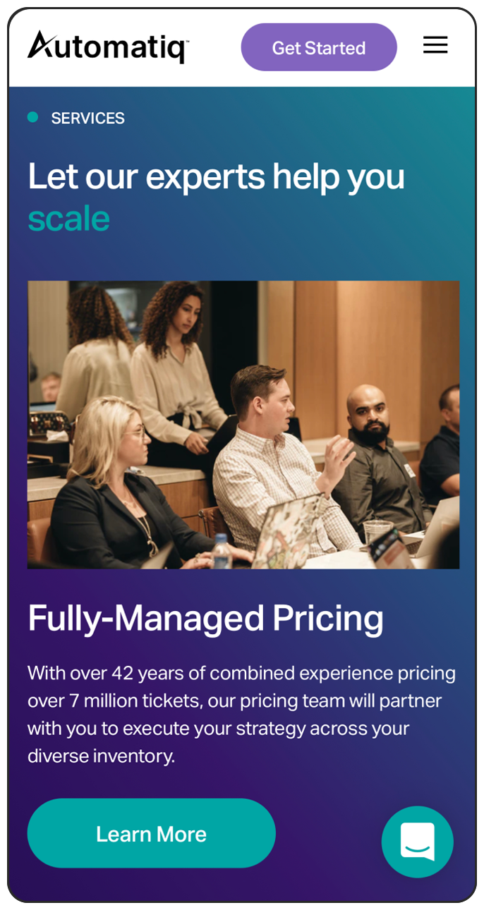 Automatiq mobile sized website stating "Fully-Managed Pricing"