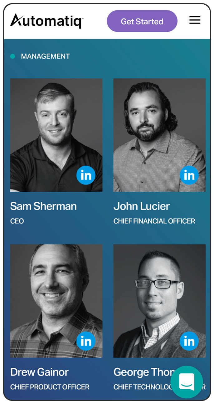 Automatiq mobile sized website's Team page
