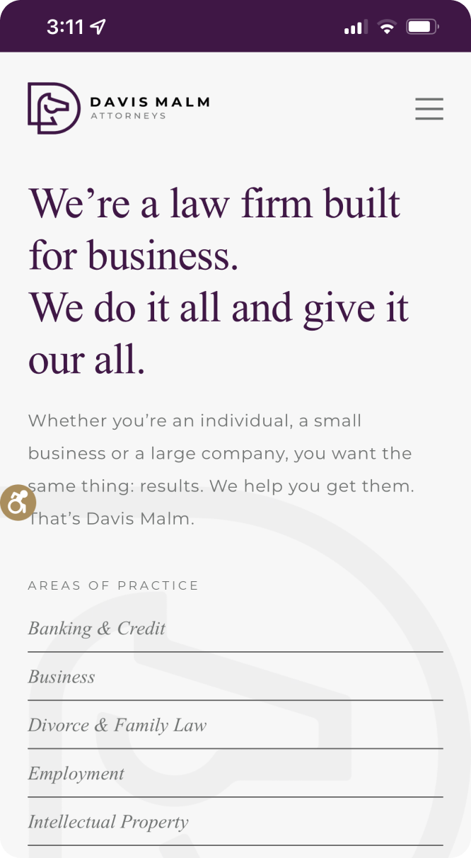 Davis Malm mobile website's About page