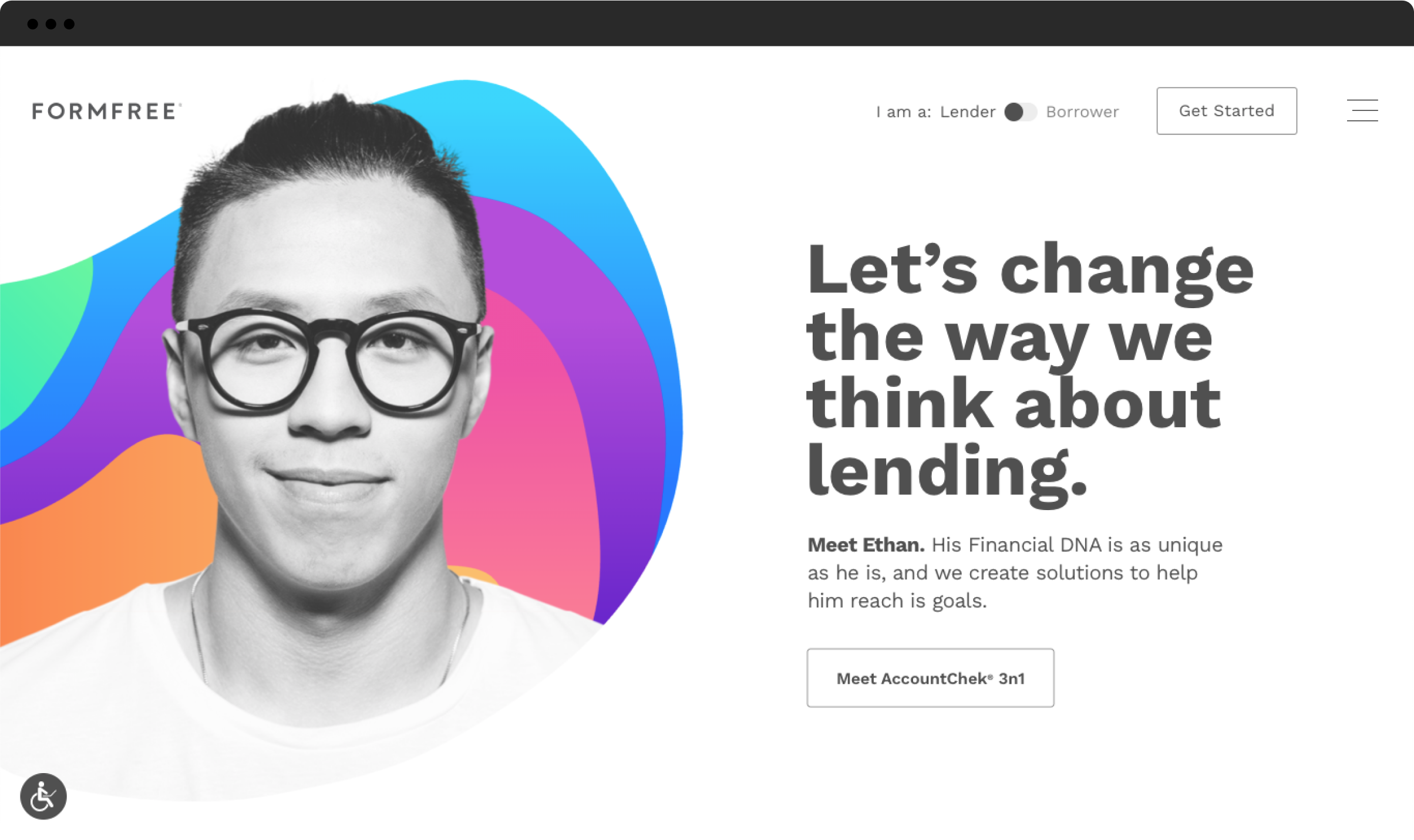 FormFree desktop sized home page reading "Let's change the way we think about lending"