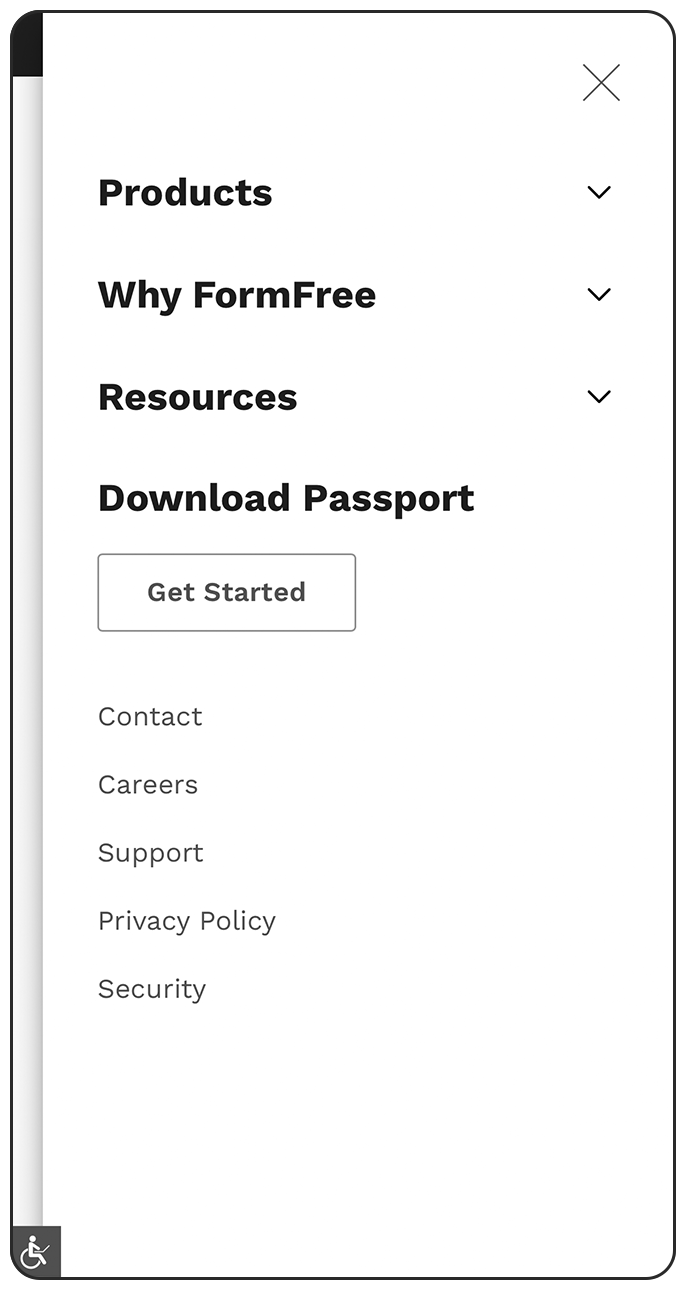 FormFree mobile sized web site's open nav drawer