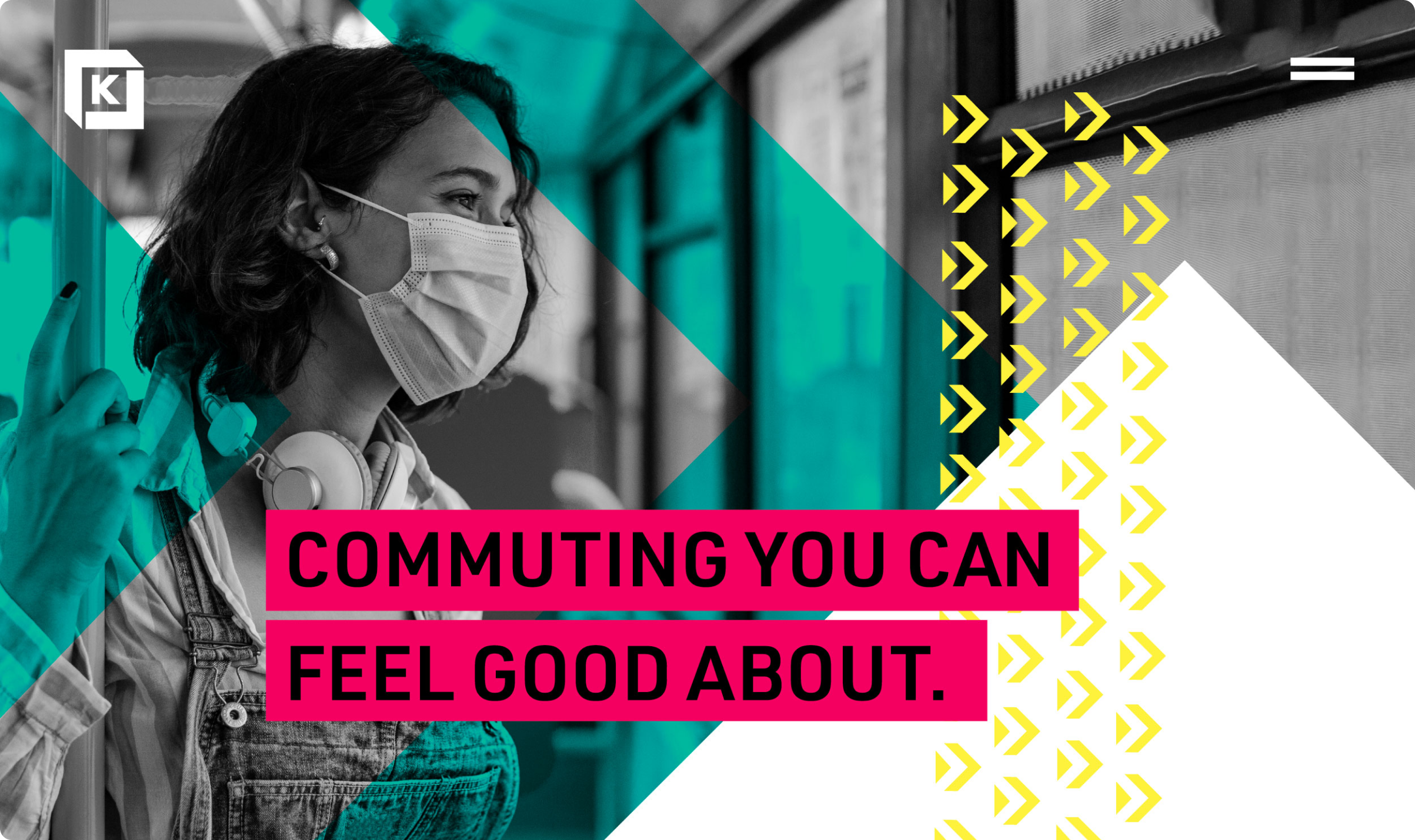 Woman on subway "Commuting you can feel good about" on Kendall Square website