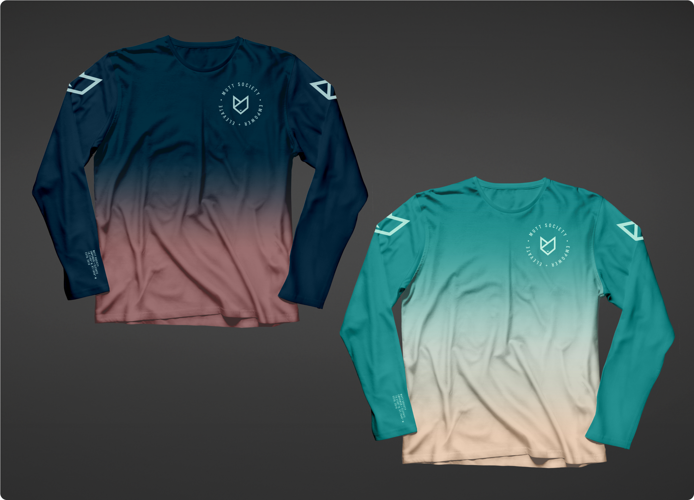 Two long sleeve Mutt Society two-color shirts