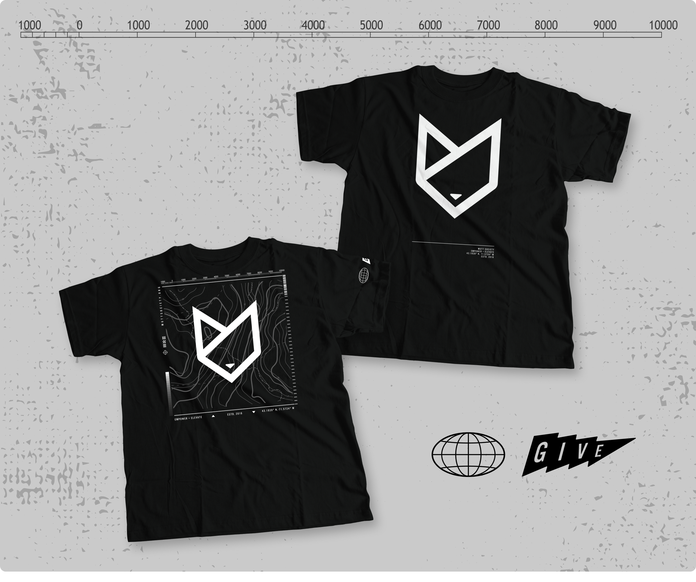 Mutt Society t-shirts using the topography lines of a mountain as a pattern