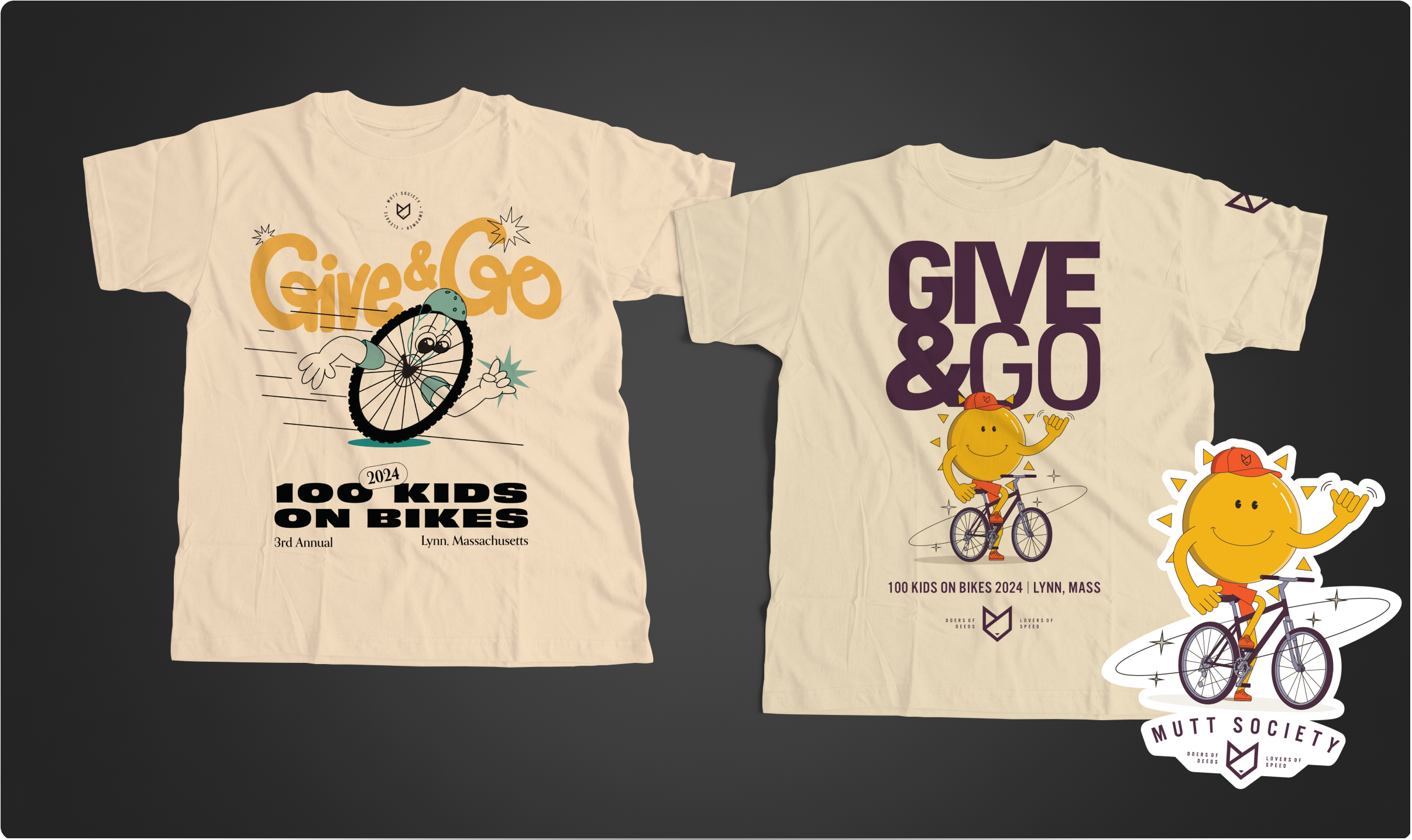 Mutt Society event-specific shirts, this one reading "2024 Give & Go: 100 kids on bikes. 3rd Annual | Lynn MA"