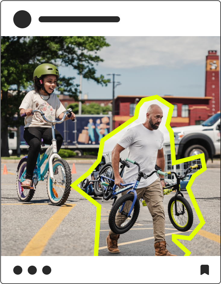 Mutt Society social media post depicting a child on a donated bike