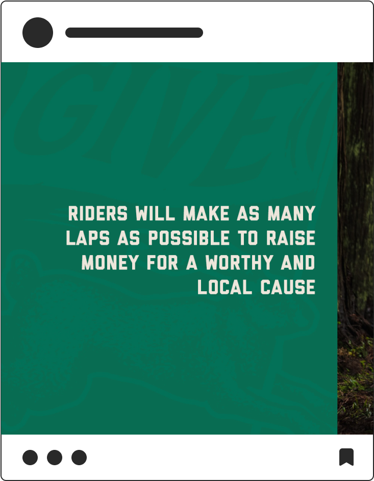 Mutt Society social media post reading "Riders will make as many laps as possible to raise money for a worthy and local cause"