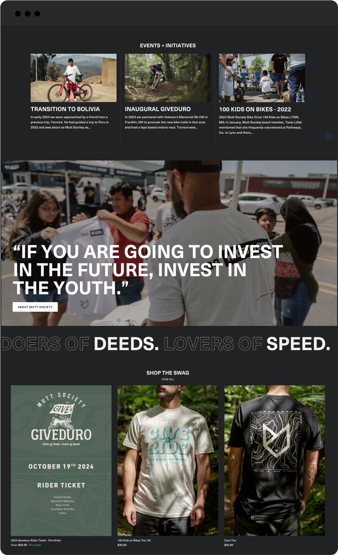 Mutt Society tablet sized website reading "Doers of deeds, lovers of speed."