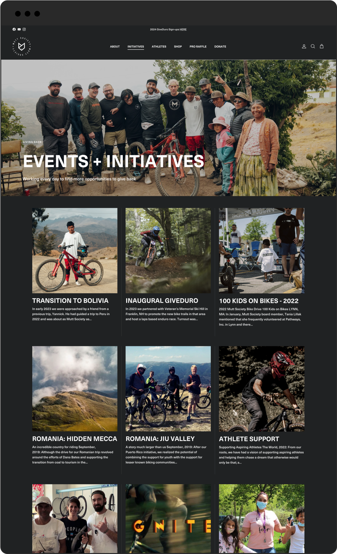 Mutt Society tablet sized website Events + Initiatives listing, like going to Bolivia and Romania