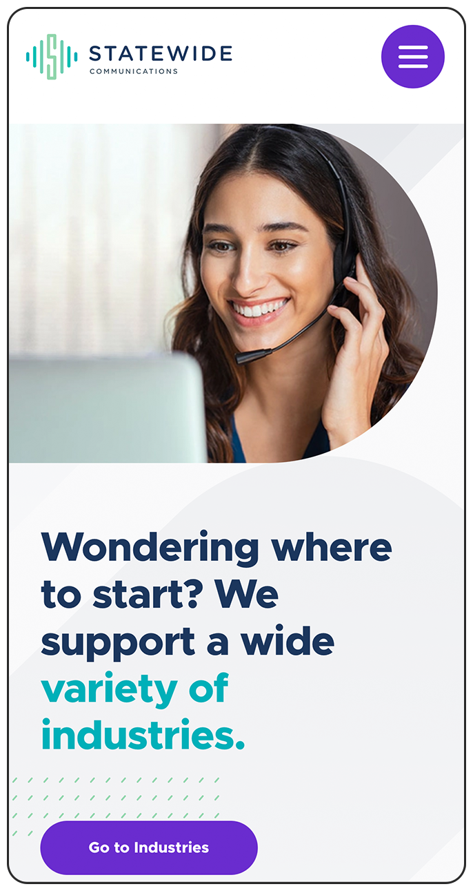 Statewide Communication mobile page reading "Wondering where to start? We support a wide variety of industries"