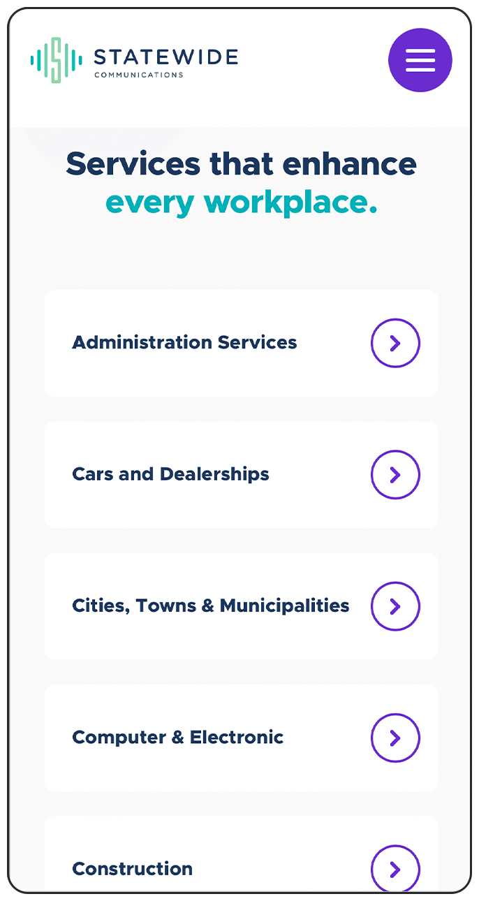 Statewide Communication mobile page stating "Services that enhance every workplace"
