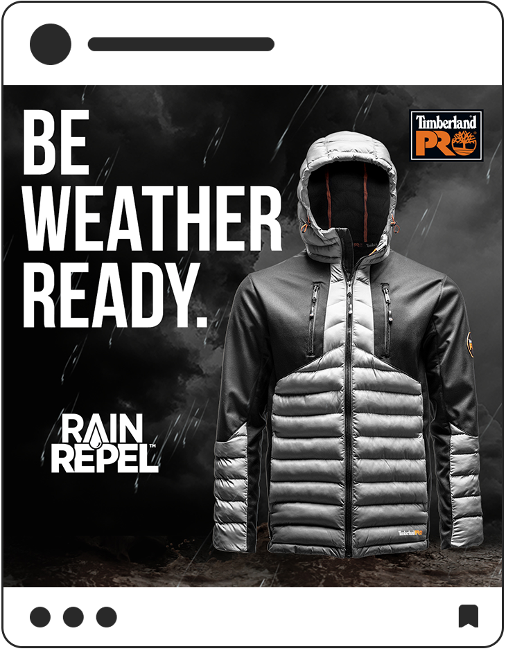 Timberland Pro social media post "Be weather ready" Rain Repel
