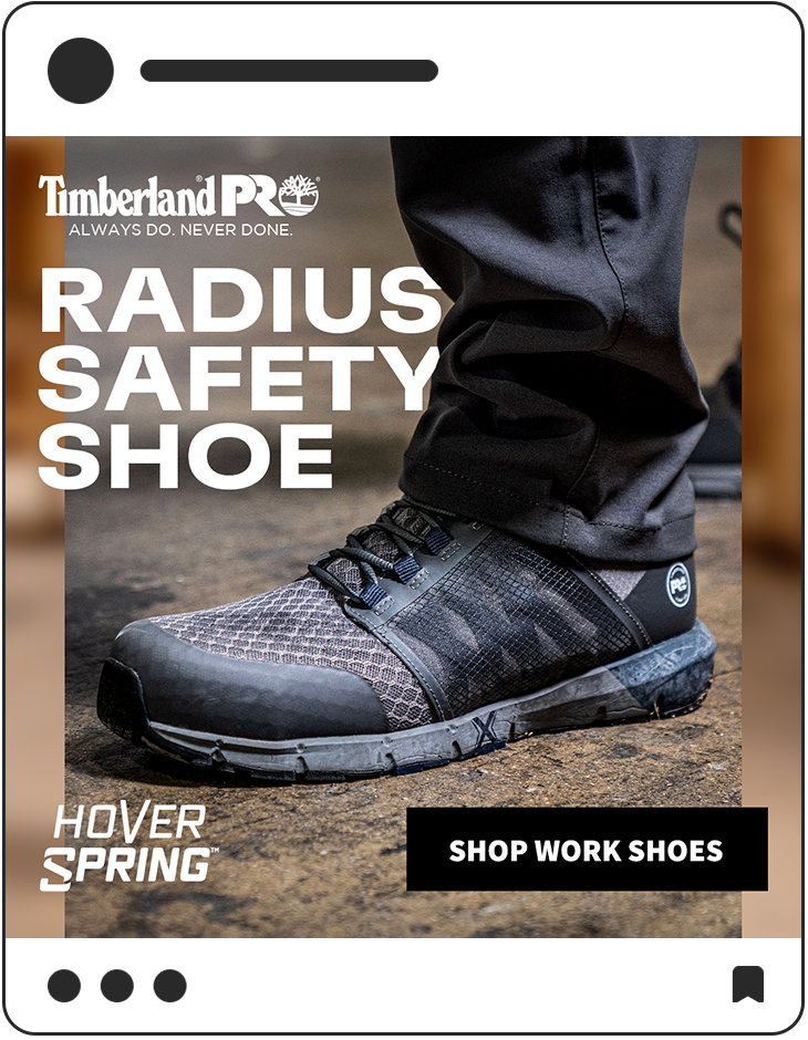 Timberland Pro social media post "Radius safety shoe" Hover Spring