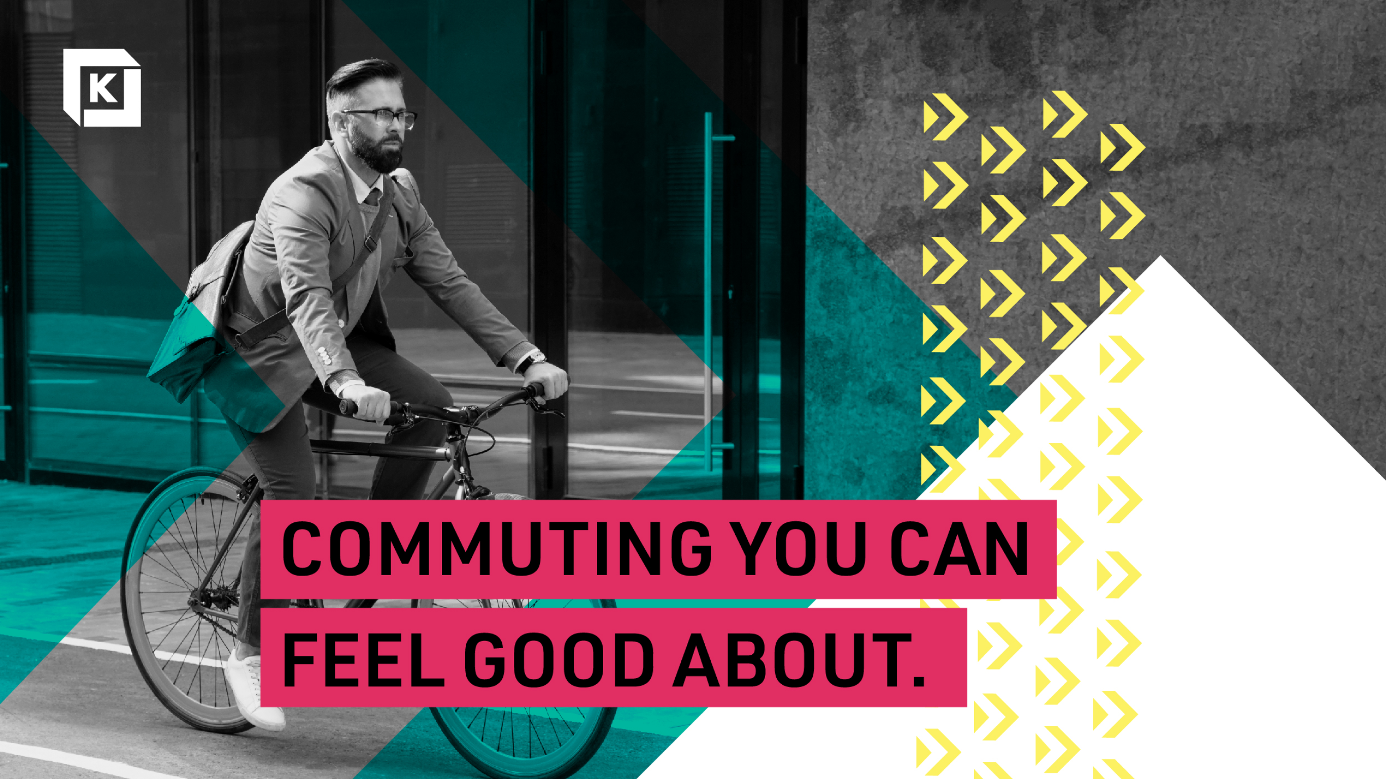 A biker riding through Kendall Square with words "Commuting you can feel good about."