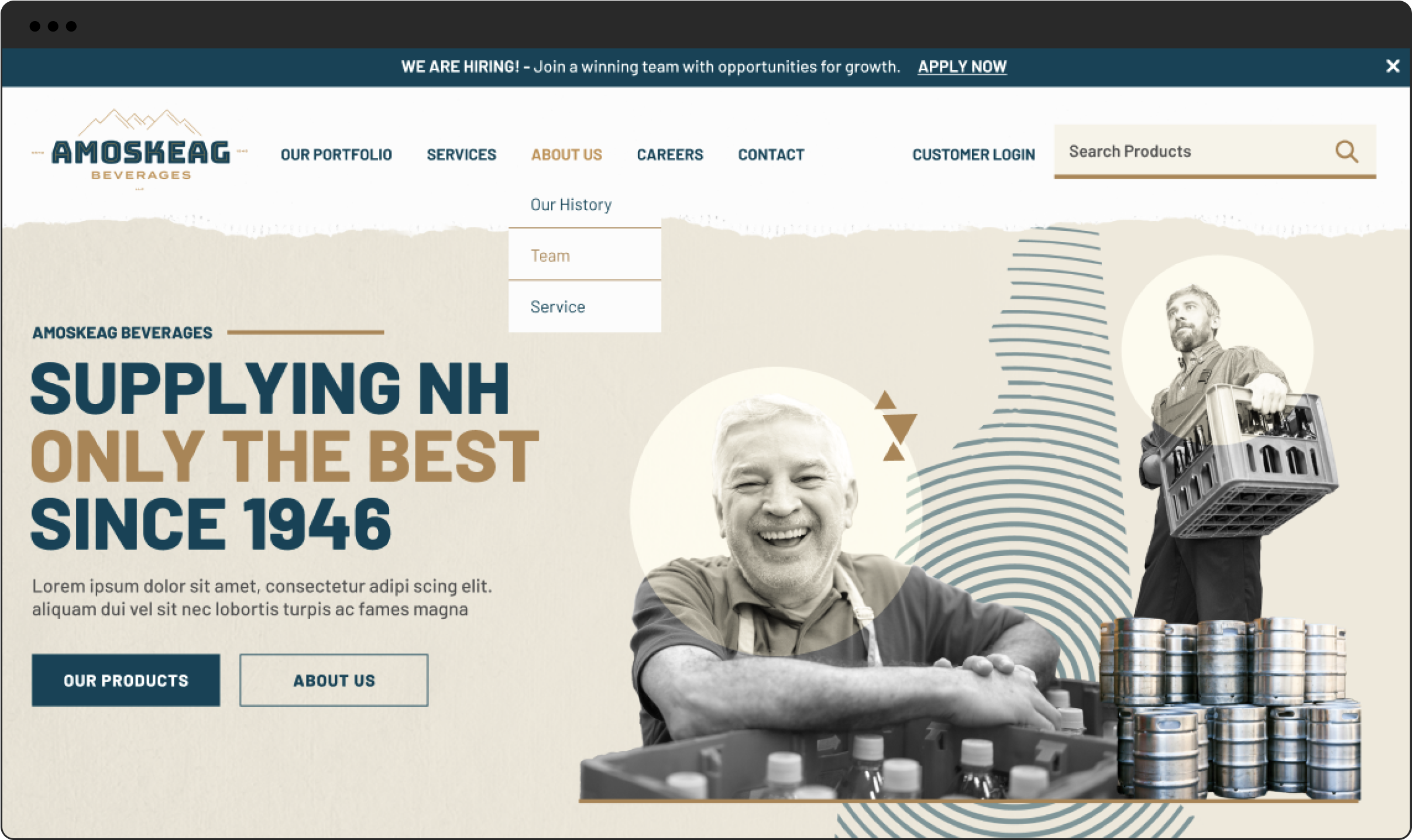 Amoskeag Beverages desktop sized home page "Supplying NH only the best since 1946"