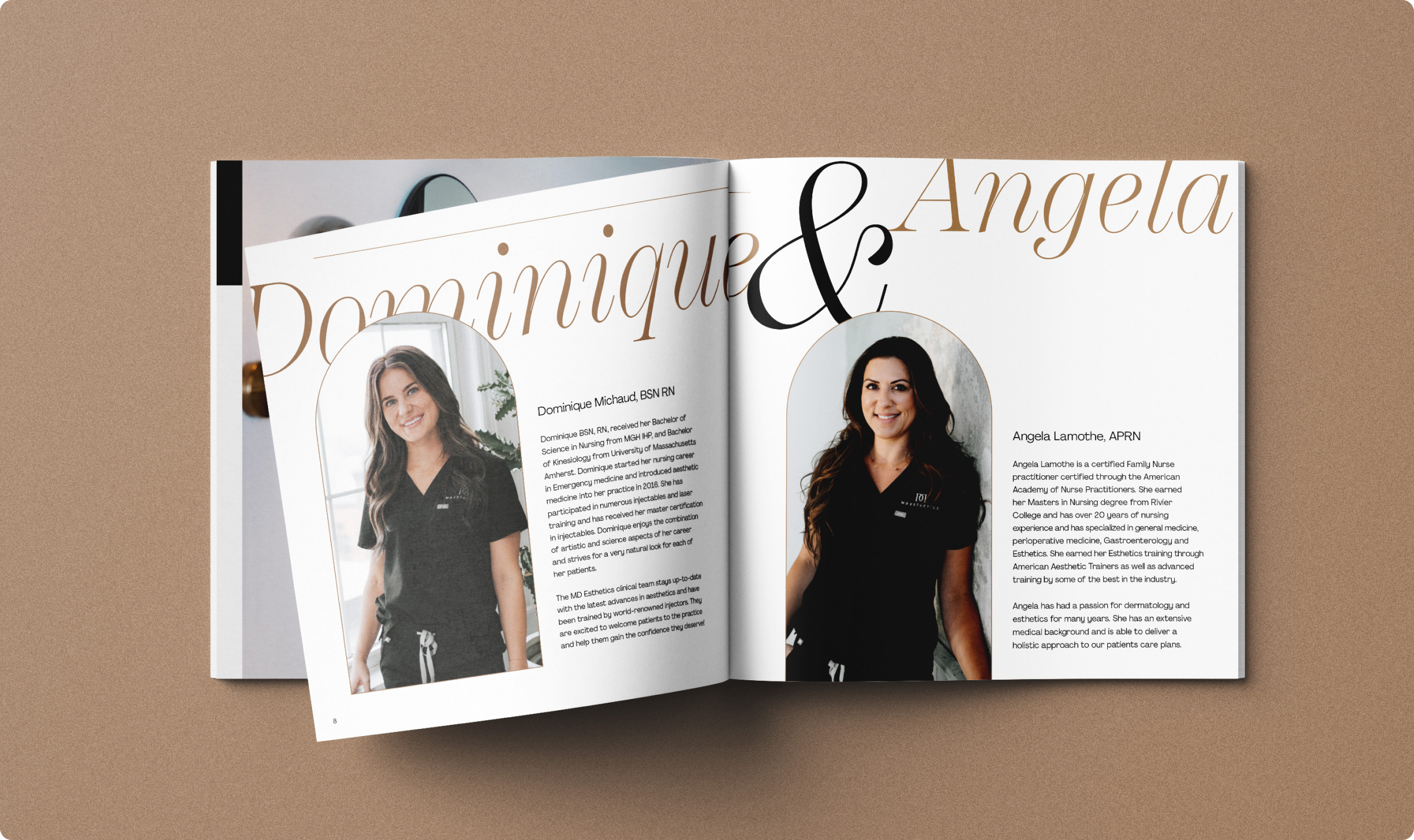MD Esthetics printed book's "Dominique and Angela" spread