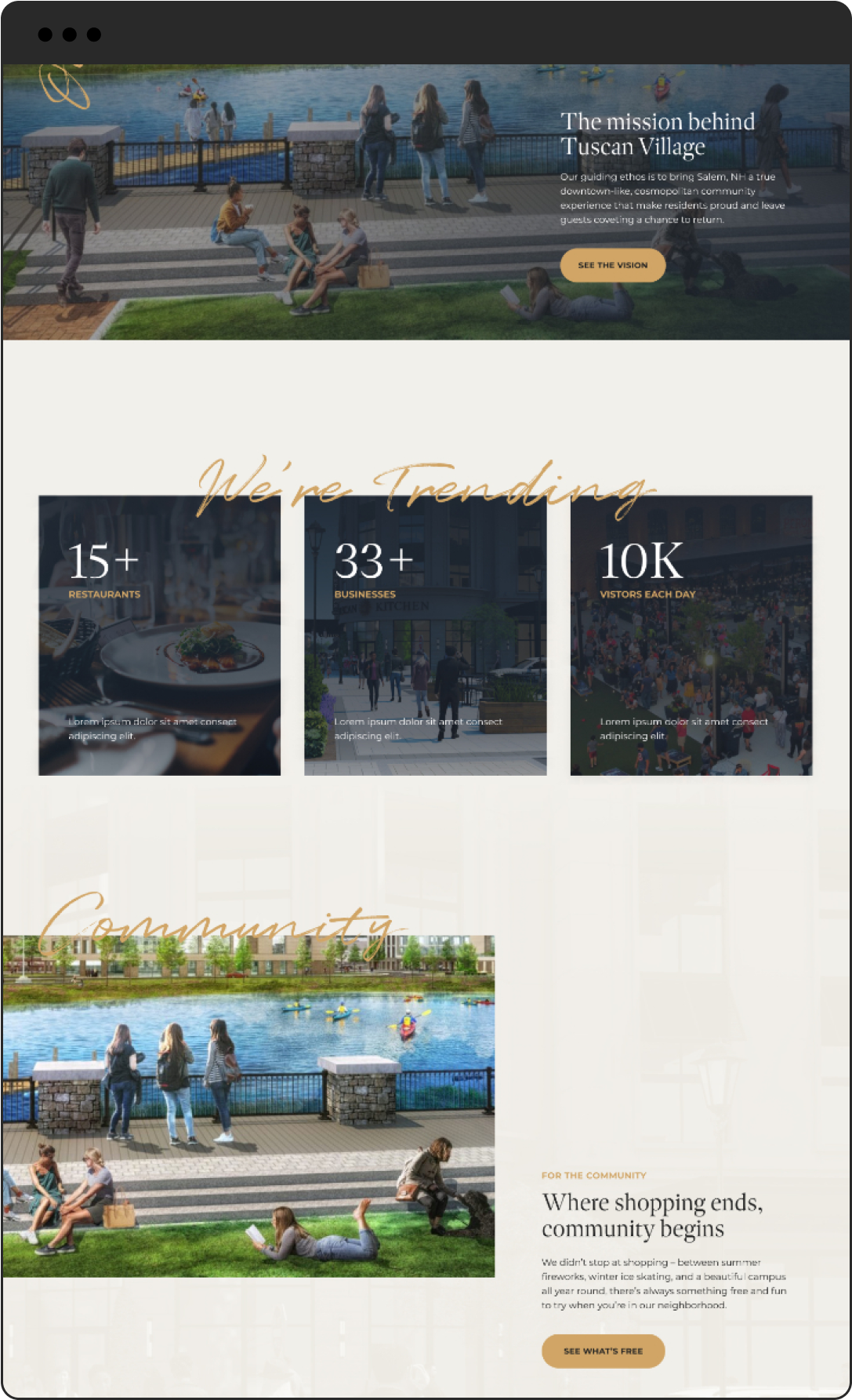 Tuscan Village desktop web page showing We're Trending and Community rows