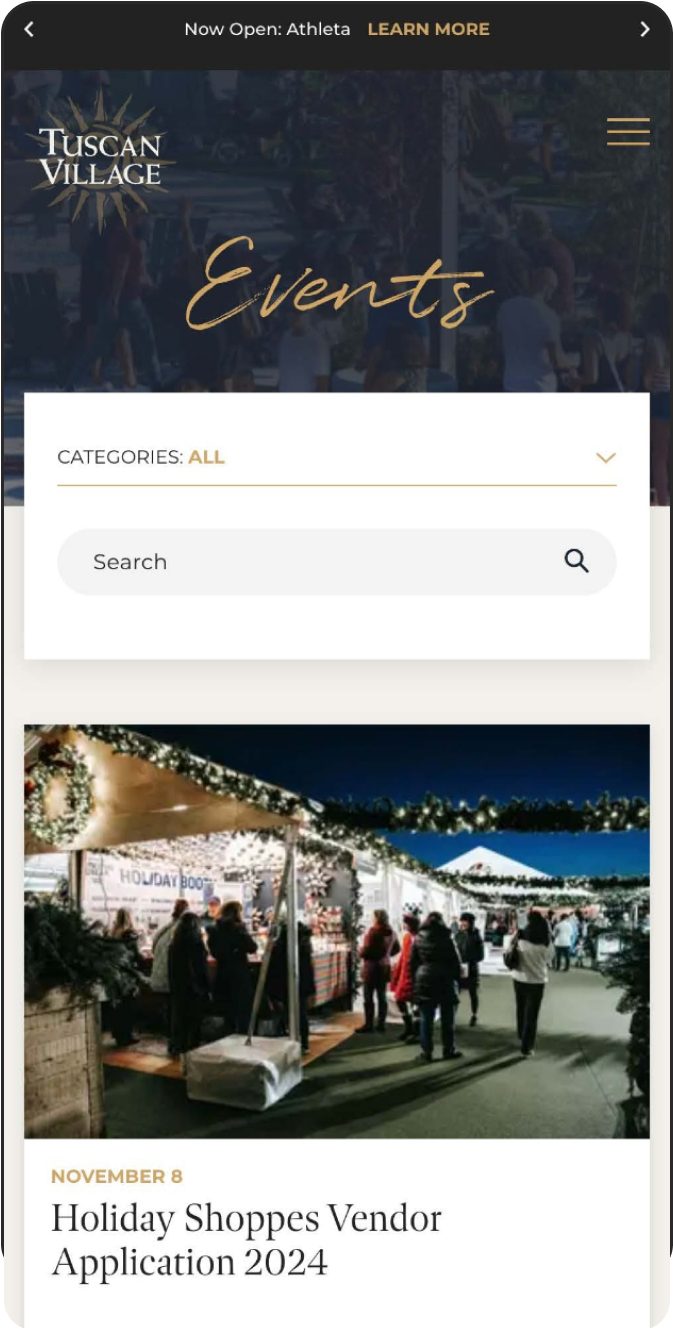 Tuscan Village mobile website showing Events page