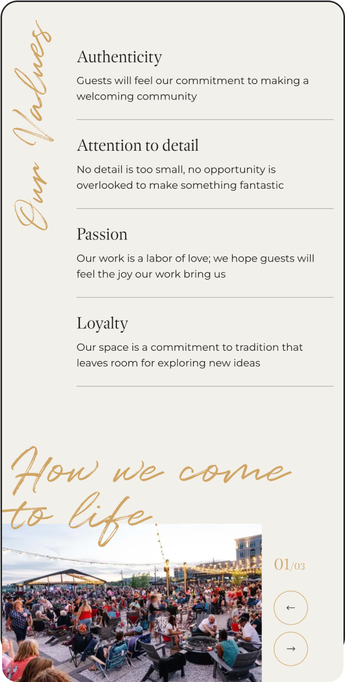 Tuscan Village mobile web site with Our Values and How We Come to Life rows