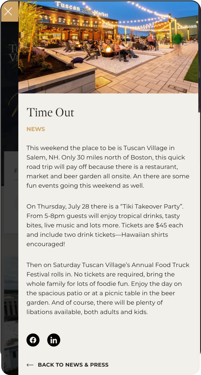 Tuscan Village mobile web site presenting the Time Out event
