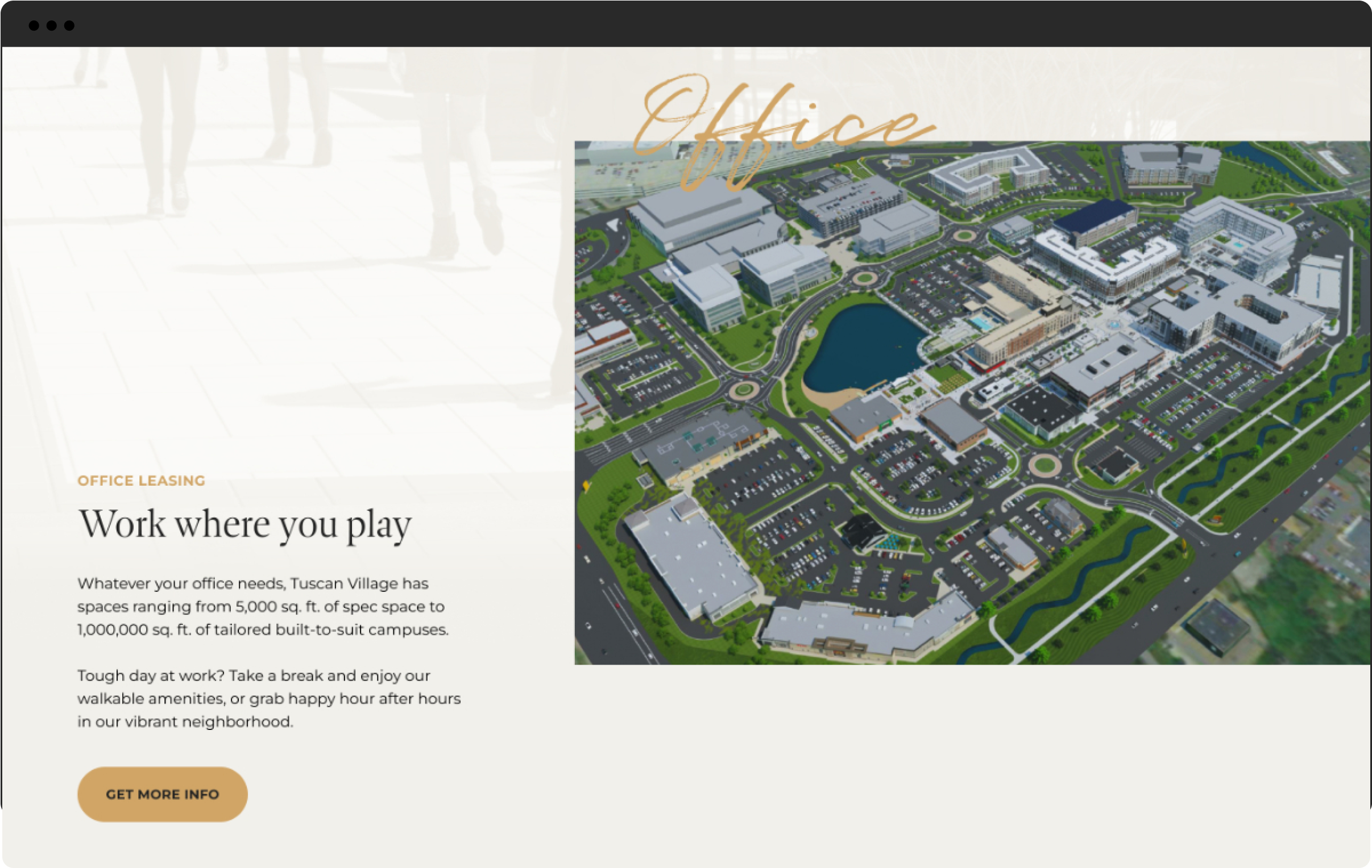 Tuscan Village website reading "Office Leasing: Work Where You Play"