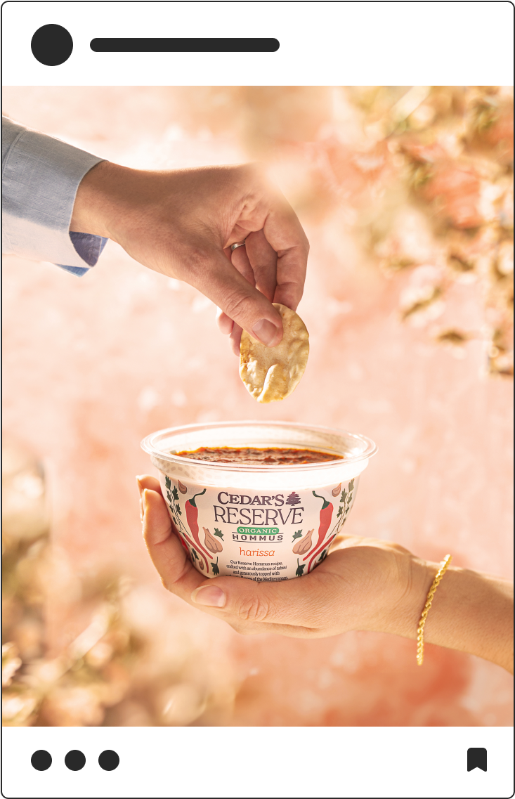 Social media post photograph of somebody dipping Cedar's Reserve Hommus