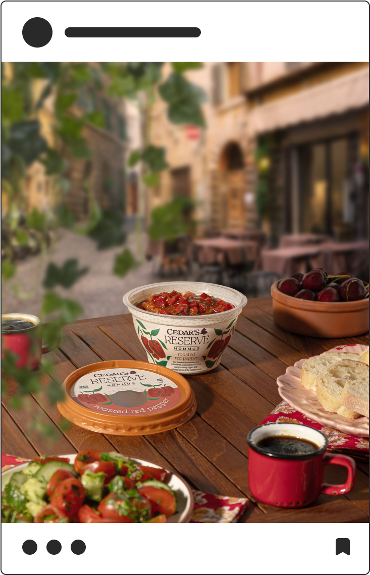 Social media photograph of Cedar's Reserve Hommus on a Mediterranean table