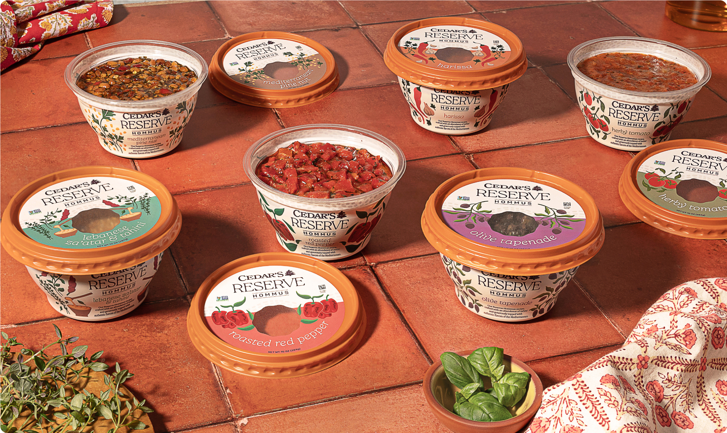 Photograph of all six Cedar's Reserve Hommus flavors